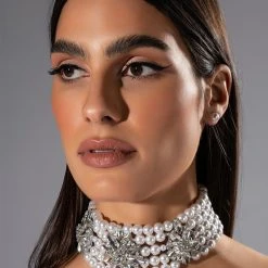 ANTOINETTE LAYERED PEARL CHOKER AND EARRING SET -handbag shop antoinette layered pearl choker and earring set silver 1 1