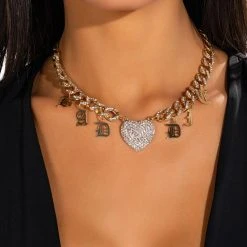 BADDIE BABE RHINESTONE CHARM NECKLACE -handbag shop baddie babe rhinestone charm necklace gold 1 1