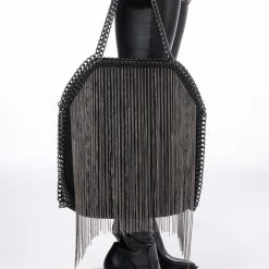 CHAIN FRINGE PURSE -handbag shop chain fringe purse black silver 2 2