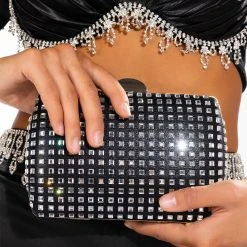 CHECK ME OUT SQUARE MIRROR CLUTCH -handbag shop check me out square mirror clutch black silver 1 1