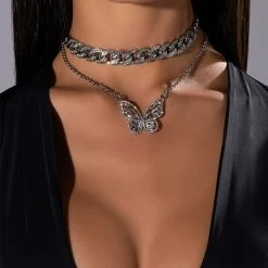 FLUTTER BY RHINESTONE LAYERED NECKLACE -handbag shop flutter by rhinestone layered necklace silver 1 1