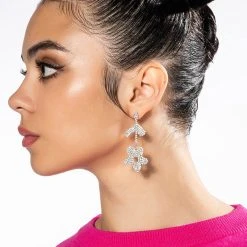 READY TO BLOOM RHINESTONE DANGLE EARRINGS -handbag shop ready to bloom rhinestone dangle earrings silver 2 2 c1