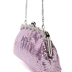 WALK IT OUT HIGH SHINE EMBELLISHED CHAINMAIL CLUTCH -handbag shop walk it out embellished chainmail clutch pink 4 4